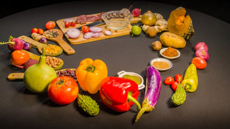 Preparing cooking materials. Fresh vegetables,Fresh fish fillets and spices are placed on a dark...