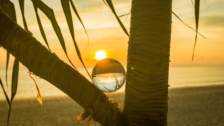 sunset sunrise view inside crystal ball placed on the forks of a branch.
The natural view of the sea and sky are unconventional and beautiful. 
A image for a unique and creative travel idea.の写真素材