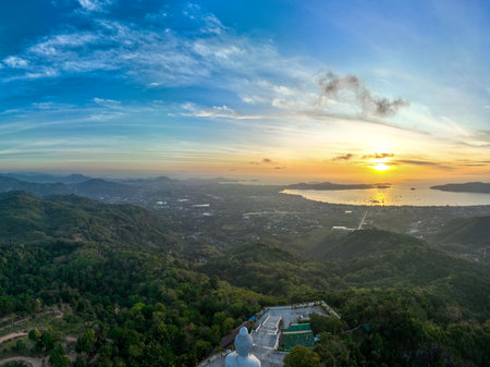 aerial photography scenery blue sky and blue ocean behind Phuket white big Buddha. Phuket white big...