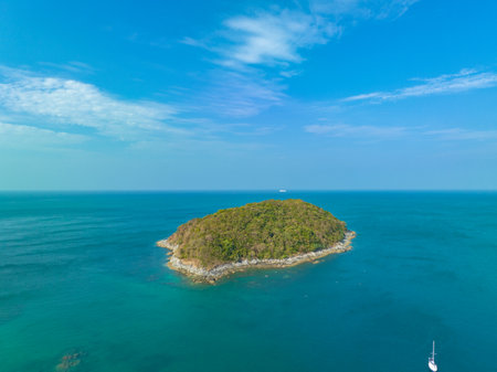 aerial view landscape Amazing place of tourist attractions turquoise sea around Man island. Man island in front of Phomethep cape and wind turbine view point.perfect nature underwater sea animal.の写真素材