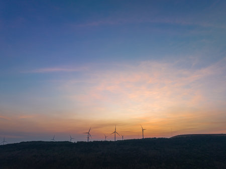 aerial view wind turbine viewpoint at Lamtakong dam,Nakhonratchasima, Thailand.amazing sky in...