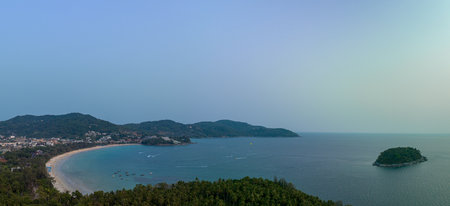 aerial view scenery turquoise sea at Kata beach Phuket. 
Pu island infront of Leam Chai Kata beach. 
Colorful turquoise sea. Gradient color. sea texture, abstract nature background.の写真素材