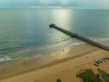aerial view The bridge extends into the sea at beautiful sunset.stunning cloud moving in blue sky.beautiful sunset landscape amazing light of nature sky over horizon.sunset cloudscape background.の写真素材