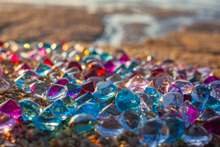 Colorful diamonds scattered on the beach The sun glistened off the facets of the precious stones, 
creating a beautiful contrast with the white sand.colorful gemstones on the beach .の写真素材