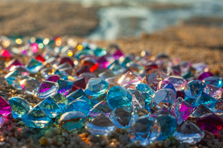 Colorful diamonds scattered on the beach The sun glistened off the facets of the precious stones, 
creating a beautiful contrast with the white sand.colorful gemstones on the beach .の写真素材