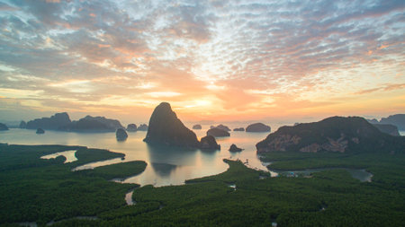 aerial view Amazing light of nature cloudscape sky above Samed Nang Chee Phang Nga archipelago. 
Imagine a fantasy bright red sky at sunrise from drone view.
fantastic sky background.の写真素材