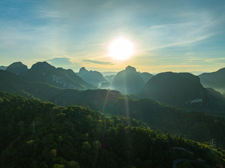 aerial hyper lapse view Amazing light of nature cloudscape above mountain range in Phang Nga. High...