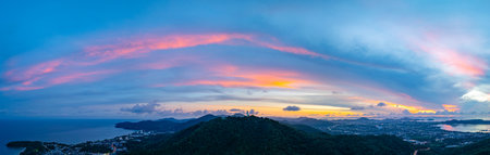 aerial night view beautiful lighting around the Phuket big Buddha.  Twinkling lights along the beach and in various towns around Phuket Island. creative nature and travel concept.lighting background.の写真素材