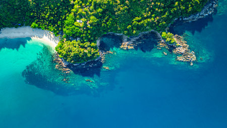 A breathtaking aerial view of a secluded beach with crystal-clear turquoise waters, surrounded by...