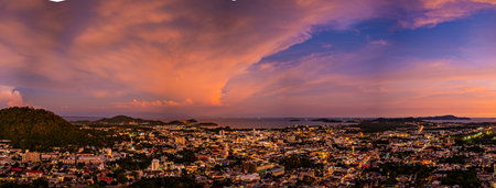 aerial view of Khao Rang viewpoint in sunset.
Khao Rang viewpoint tower landmark in Phuket town it is on Tung Ka hill.
on Khao Rang viewpoint can see around Phuket and watching sunrise and sunsetの写真素材