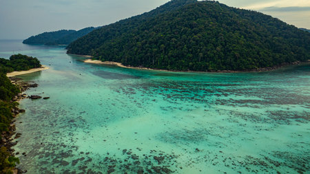 A stunning aerial view of lush green tropical islands surrounded by crystal-clear turquoise waters. The coral reefs and sandy shores contrast beautifully against the deep blue ocean. Surin Islandsの写真素材