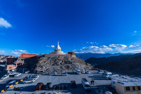 Ladakh,India-May,22,2025: The beautiful Shanti Stupa is a prominent white-domed Buddhist stupa located on a hilltop in Chanspa, Leh district, Ladakh, India. landmark of Buddhism Himalayaの写真素材