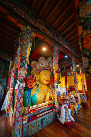 Colourful sculpture of Maitreya Buddha at Thiksey monastery in Ladakh, India.This is the awe-inspiring statue of Maitreya Buddha, the Buddha of the Future. A symbol of compassion and hope.の写真素材