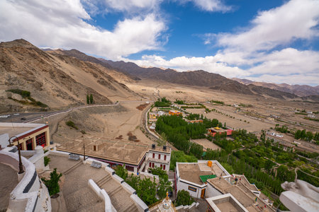 Located southeast of Leh, on a hill above the Thiksey village, the Thiksey Monastery is the largest monastic complexes in Ladakh. Surrounded by farms and agriculture in vast valleys and the Himalayasの写真素材