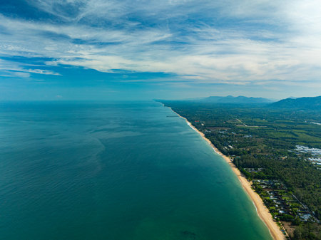 A stunning aerial view of a tropical coastline featuring golden sandy beaches, lush green pine trees, and turquoise ocean waves crashing against the shore. perfect for travel and nature visuals.の写真素材