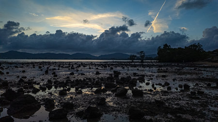 A dramatic twilight scene of a rocky shoreline during low tide, with silhouetted mountains and trees...
