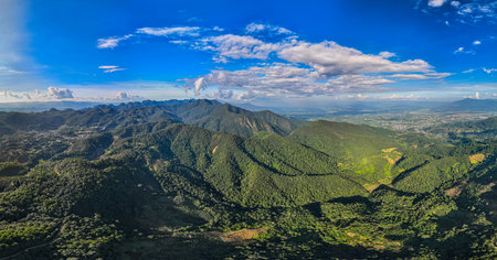 Aerial view A serene view of the early morning sun rising above a vast forest with distant mountain...