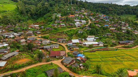 Aerial view of The entrance to Pang Ung Dam has rice terraces along the way, which looks beautiful...