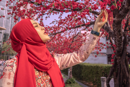 Women admire the beauty of the cherry blossoms created to decorate during the festival.の写真素材