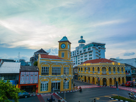 Phuket,Thailand-November,02,2023: aerial view classic and beautiful architecture 
the most popular landmark of Phuket.
old ancient city classic and beautiful building. yellow clock tower background.の写真素材