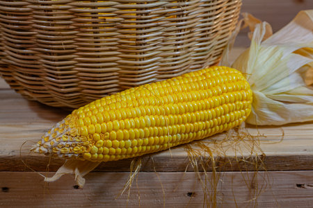 A close up of golden boiled corn neatly arranged in a woven rattan basket. The warm yellow tones and natural textures create a homely, rustic feel that evokes freshness and simplicity.の写真素材