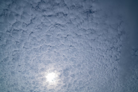 A dramatic sky view showcasing the sun partially obscured by a dense layer of altocumulus clouds, creating a textured and moody atmosphere. The scattered light adds a soft glow to the cloud patternの写真素材