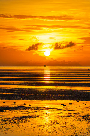 A beautiful view of the sun rising over the horizon, golden light streaming across the sky and reflecting off the water, adding depth to sceneryの写真素材