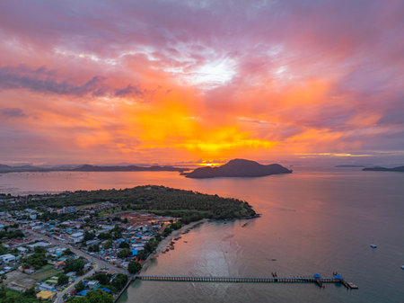Aerial view Amazing The sky looked like flames over the islands. panorama view Majestic landscape pink sky above the island. wonderful nature cloudscape sky. abstract nature background.の写真素材