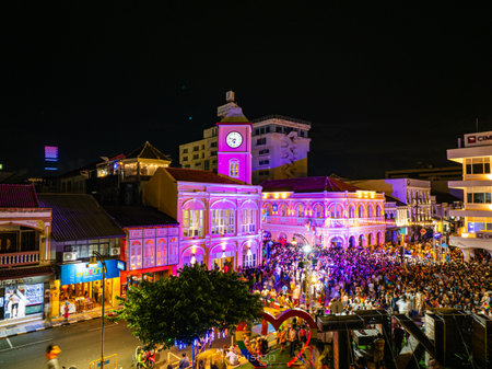 Phuket,Thailand.June,29,2024: Grand opening event celebration colorful night in Phuket. event Organizing an equal marriage celebration in Phuket Town at Phuket Clock Towerの写真素材
