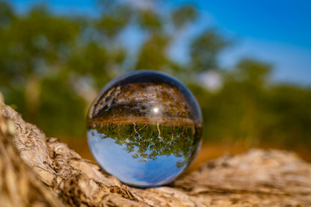 A creative photograph of a natural landscape reflected upside-down through a crystal ball placed on...