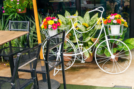 White bicycle with flower pot decoration in cafe, Thailand. (Selective focus)の写真素材