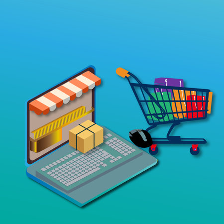 Online shopping concept. Laptop with a store and a shopping cart. Vector illustration.の写真素材