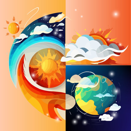 Set of sun and clouds on orange and blue backgrounds. Vector illustrationの写真素材