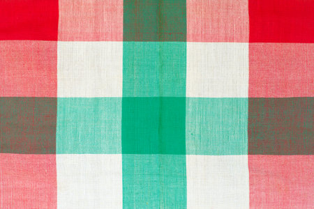 Red and green checkered tablecloth as background, closeup of photoの写真素材