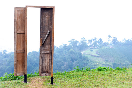 door on high mountain decoration of photo corners for tourist attractionsの写真素材