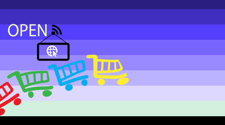 Shopping cart with open sign on the screen. Vector illustration.のイラスト素材