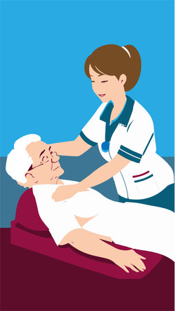 An illustration of a female physiotherapist doing a massage to a senior womanのイラスト素材