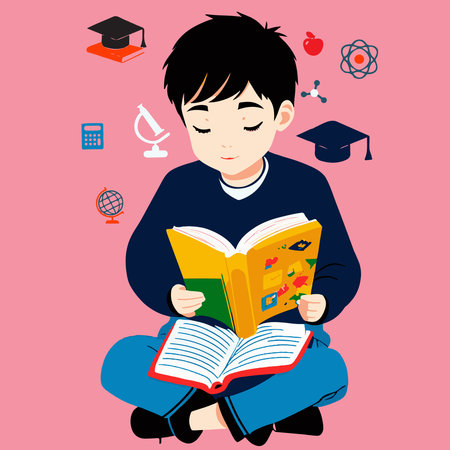 Boy reading a book. Education concept. Flat design. Vector illustration.のイラスト素材