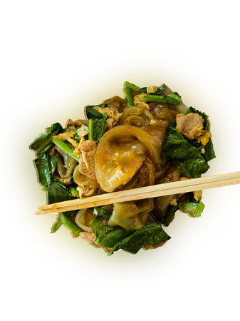 Stir-fried rice noodles with pork and vegetables on white background