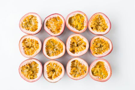 Fresh passion fruit slices on the white background