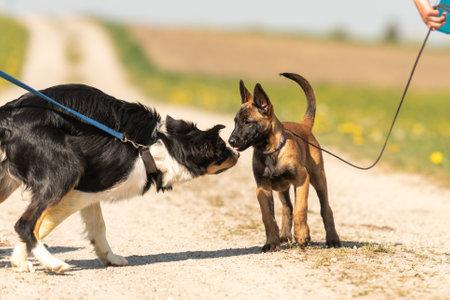 Springtime dog encounter: a border collie and a malinois meet on countryside path