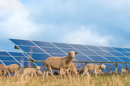 many solar power panels with grazing sheep - photovoltaic systemの写真素材