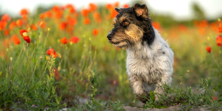Funny small Jack Russell Terrier dog in a beautiful blooming poppy meadowの写真素材
