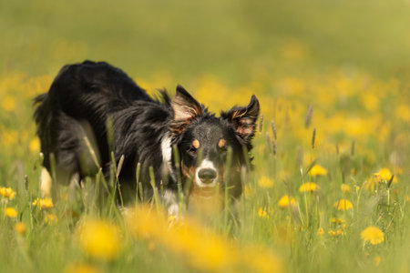 Handsome Border Collie dog on a green meadow with dandelion in the spring season.の写真素材