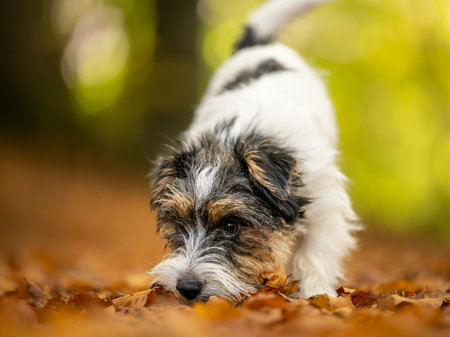 Cut tricolor little one year young Jack Russell Terrier dog is following a trail outdoors in autumnの写真素材