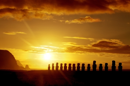 Mysterious stone statues at sunrise in Easter Islandの写真素材
