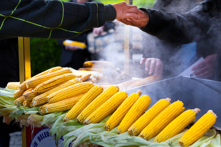 Street vendor selling hot sweet corn cobs