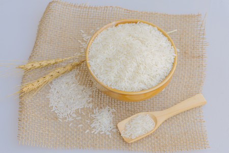 Jasmine Rice in bowl with rice plant on white background.の写真素材