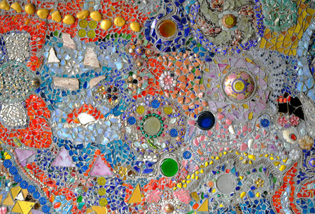 Benjarong broke embedded on walls. Benjarong is name of Thai porcelain with designs in five colours.の写真素材