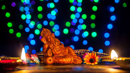 The celebration of Lord Ganesha [ the elephant God] with festive lights.の写真素材